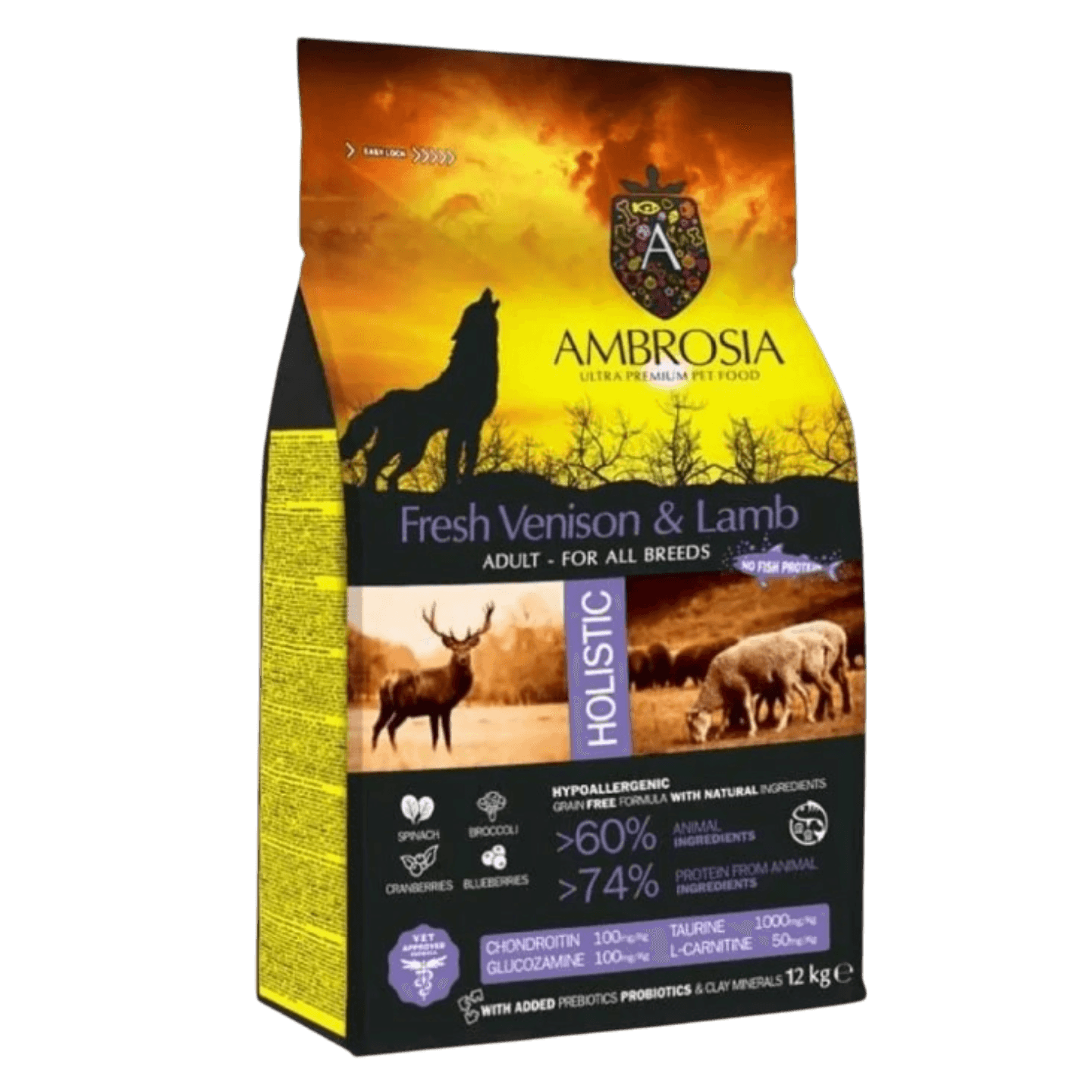 Корм сухой холистик «AMBROSIA GRAIN FREE» для собак всех пород, оленина, ягненок