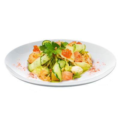 Салат с креветками и кунжутной заправкой