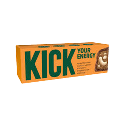 Батончик «Kick» кешью с какао и маслом апельсина в карамельном шоколаде 