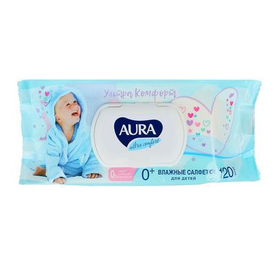 Влажные салфетки детские AURA ULTRA COMFORT с экстрактом алоэ и витамином Е, с крышкой, 120 шт 