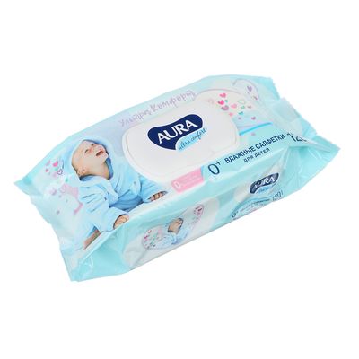 Влажные салфетки детские AURA ULTRA COMFORT с экстрактом алоэ и витамином Е, с крышкой, 120 шт 