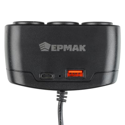 Разветвитель прикуривателя ЕРМАК 3 выхода +1 USB, 60 W, 2.1А,12/24В