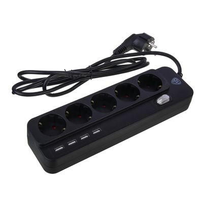 Удлинитель, сетевой фильтр 5 гнезд BY 2м, 4xUSB (3А), 0,75кв.мм,10А,2500Вт, чёрный