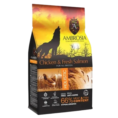 Корм сухой холистик «AMBROSIA GRAIN FREE» для собак всех пород, курица и лосось