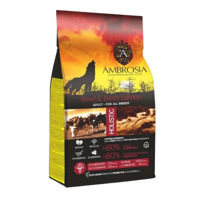 Корм сухой холистик «AMBROSIA GRAIN FREE» для собак всех пород, говядина, лосось