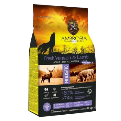 Корм сухой холистик «AMBROSIA GRAIN FREE» для собак всех пород, оленина, ягненок