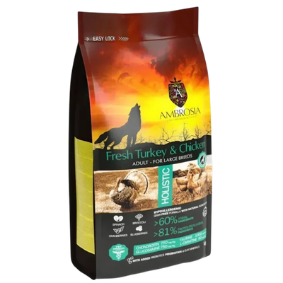 Корм сухой холистик «AMBROSIA GRAIN FREE» для собак крупных пород, свежая индейка и курица