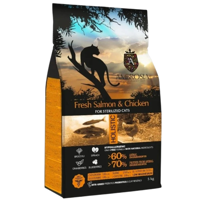 Корм сухой холистик «AMBROSIA GRAIN FREE» для стерилизованных кошек, лосось, курица