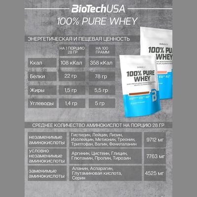 ПРОТЕИН 100% PURE WHEY, 900г КАРАМЕЛЬ-КАПУЧИНО BIOTECH USA 
